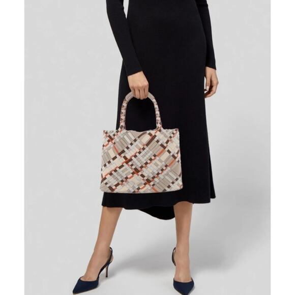 Salvatore Ferragamo woven plaid fabric leather grosgrain ribbon tote handbag